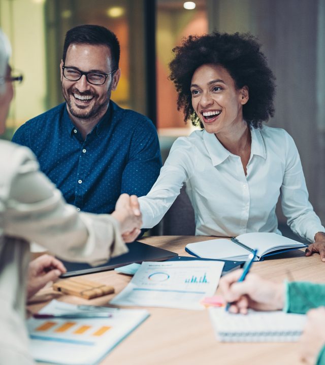 smiling businesswomen handshake over the table